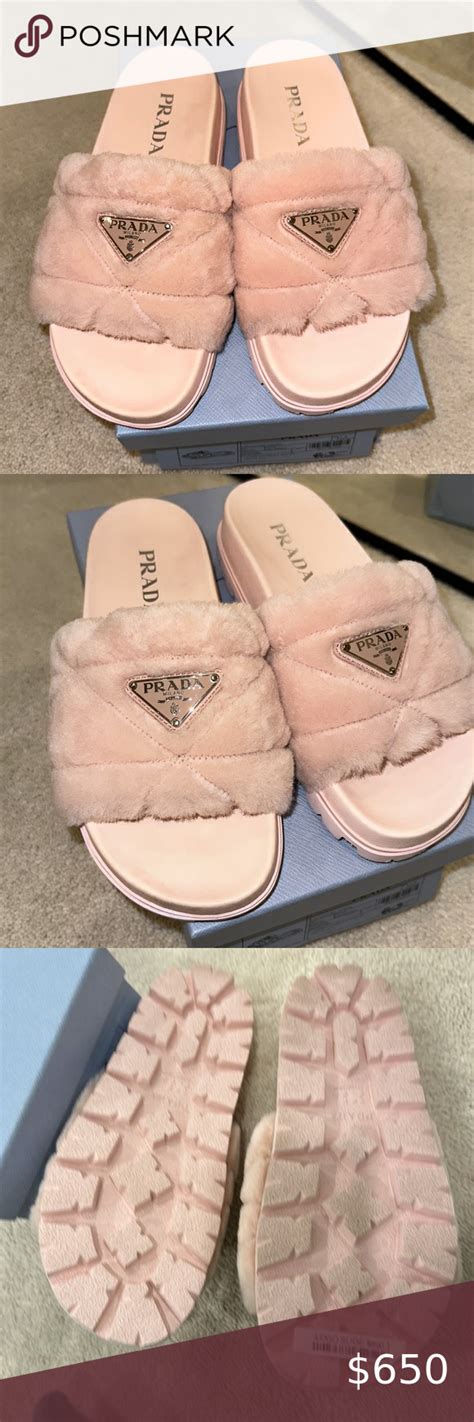 pink fluffy prada slides|prada pool slides.